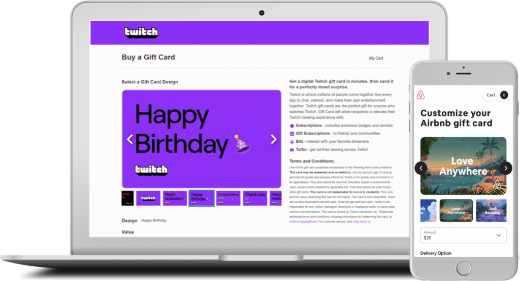 Laptop with Twitch eGift website displayed and phone with Airbnb eGift website displayed