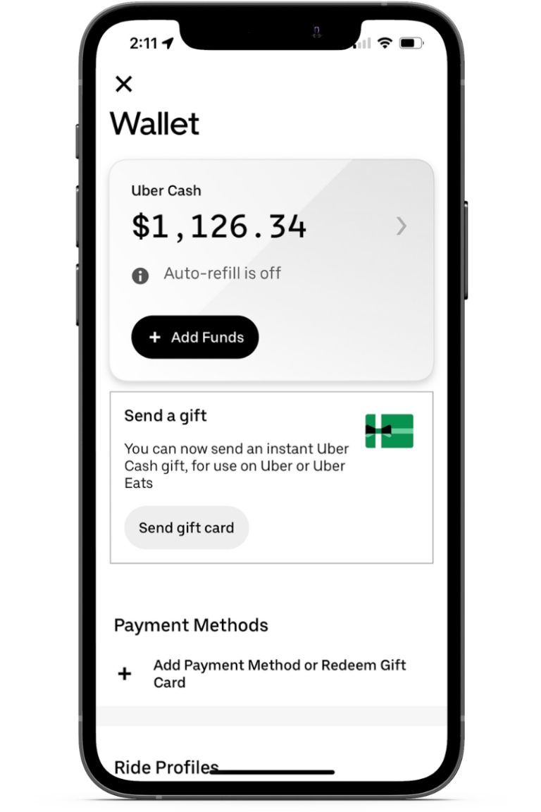 Phone with Uber Digital Wallet displayed with funds loaded